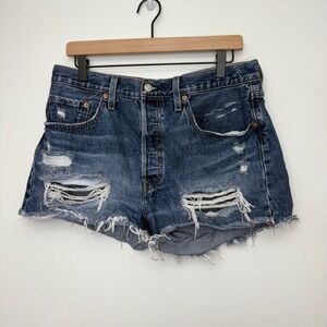 Levi's 501 Womens Denim Jean Shorts‎ Distressed CuttOff Blue Button Fly W 31